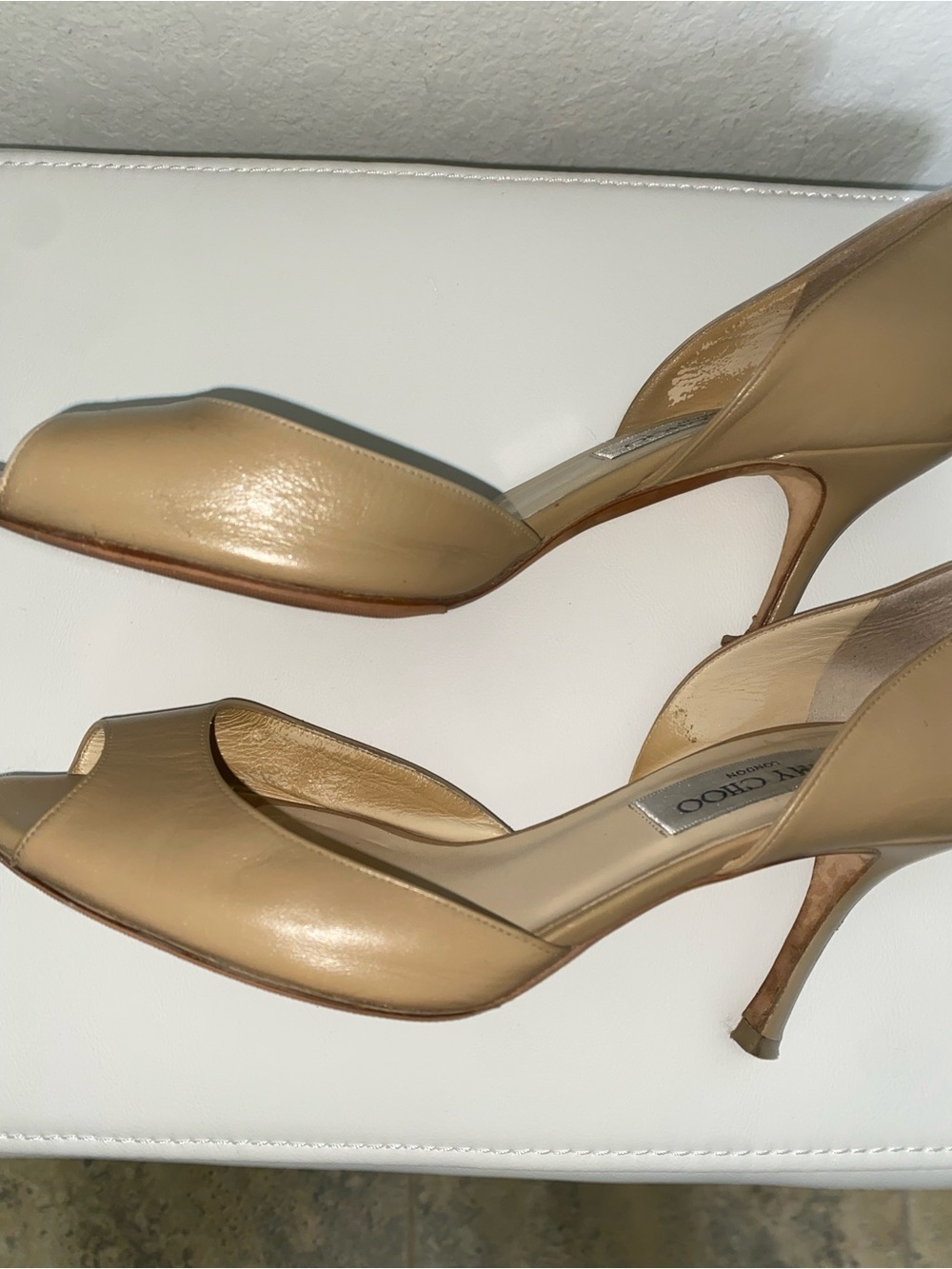 Jimmy Choo Logan Beige Leather Peep-Toe Pumps Sz 36.5/6.5 DAMAGED HEEL PROJECT - Picture 5 of 14